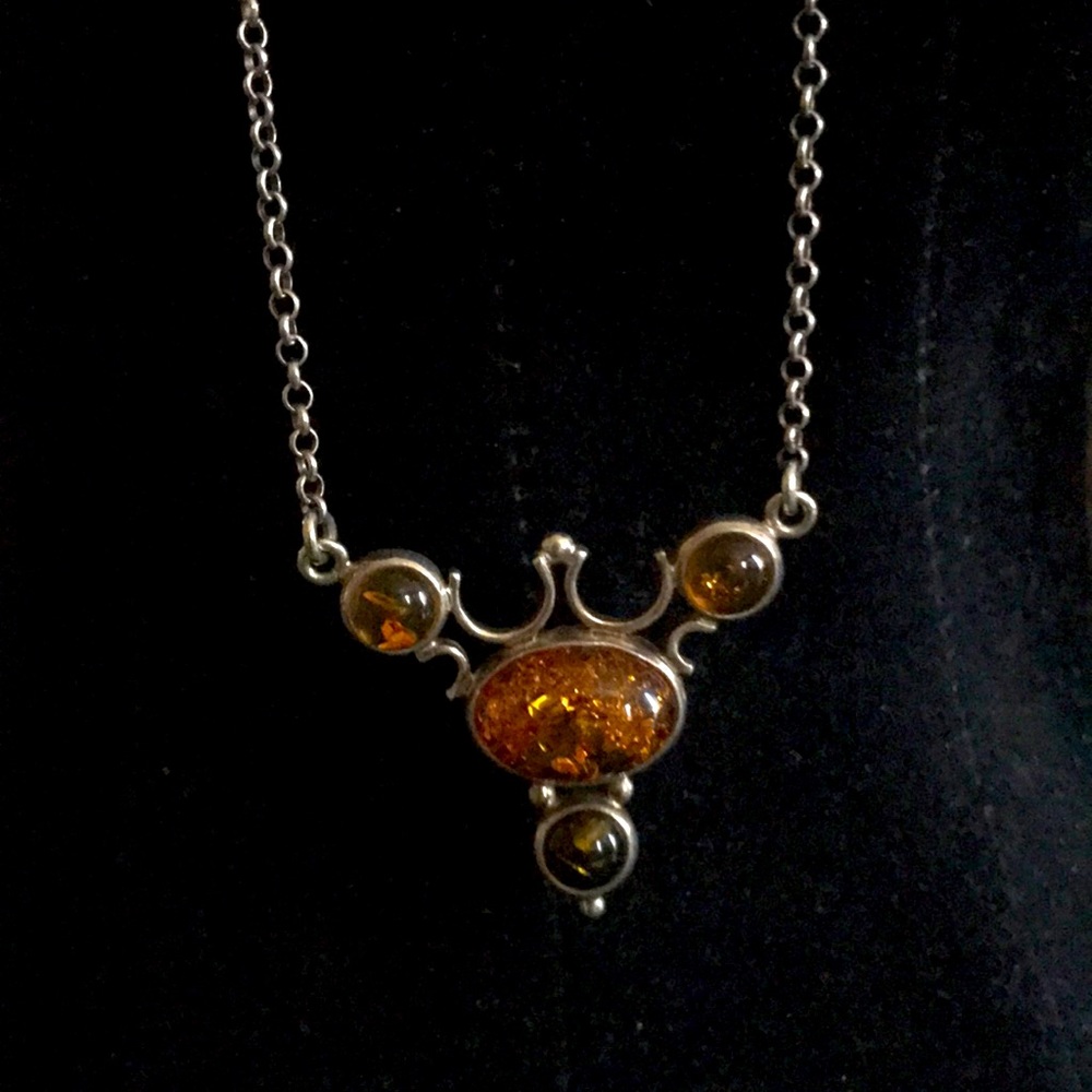Amber set in sterling nouveau style necklace, BoHo, estate jewelry, artistsan